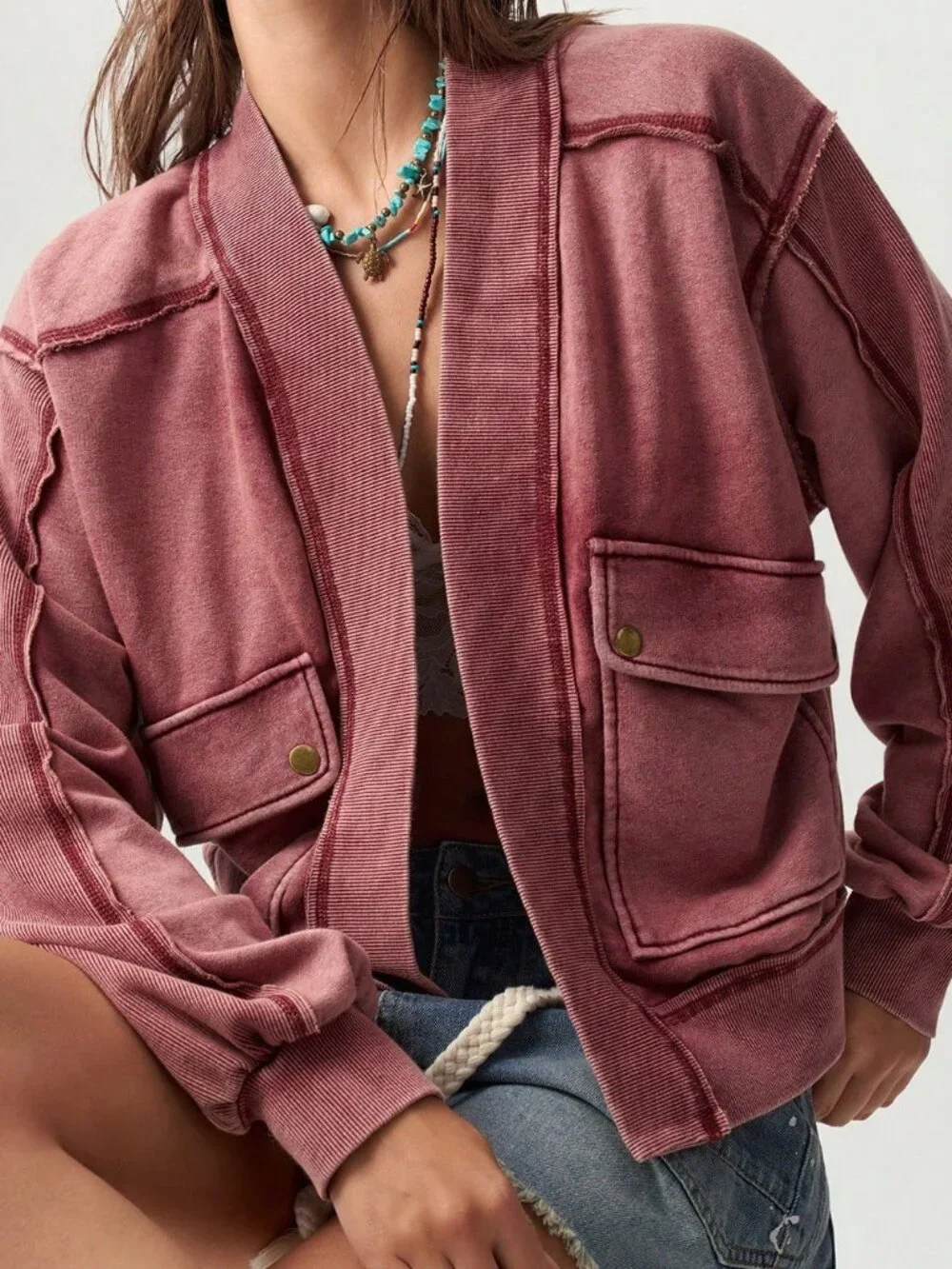 Red Casual Women's Knit Long Sleeve Loose Fit Regular Jacket - Picture 3 of 9